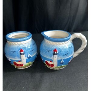 Casa Vero by ACK Hand Painted Ceramic Lighthouse Creamer and Sugar Bowl no lid